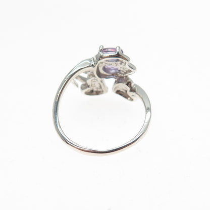 925 Sterling Silver Real Diamond Accent & Amethyst Floral Leaf Ring Size 6.75