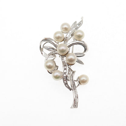 925 Sterling Silver Antique Art Deco Real Akoya Pearl Floral Pin Brooch