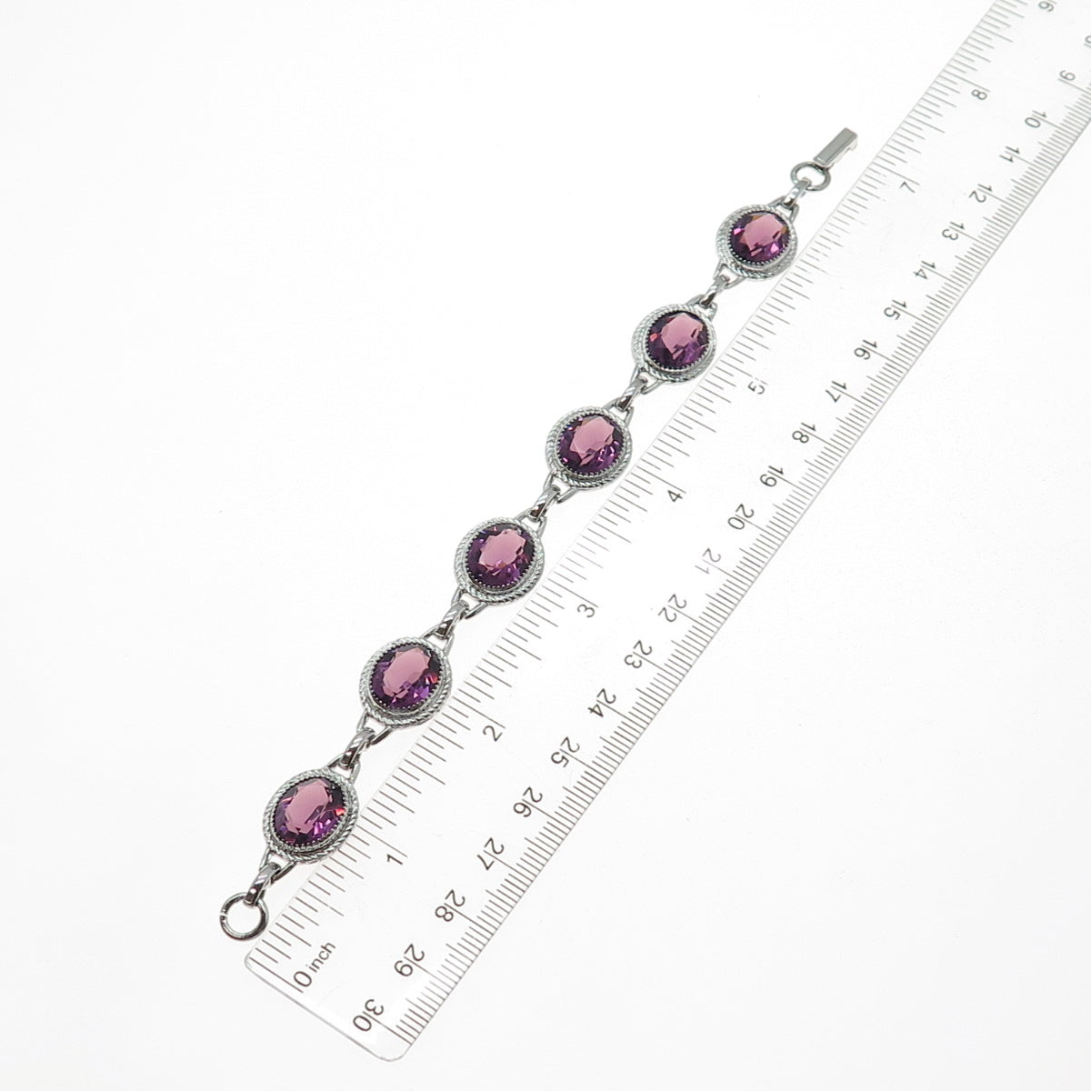 DANECRAFT 925 Sterling Silver Vintage Oval-Cut Purple Glass Bracelet 6.5"