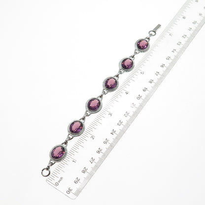 DANECRAFT 925 Sterling Silver Vintage Oval-Cut Purple Glass Bracelet 6.5"