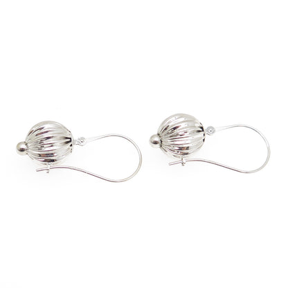 14K White Gold Modernist Ribbed Ball Drop Earrings