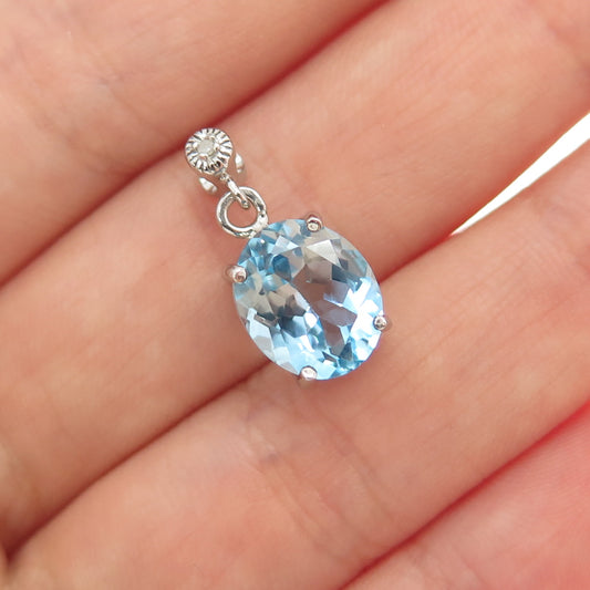 925 Sterling Silver Real Diamond & Blue Topaz Minimalist Charm Pendant