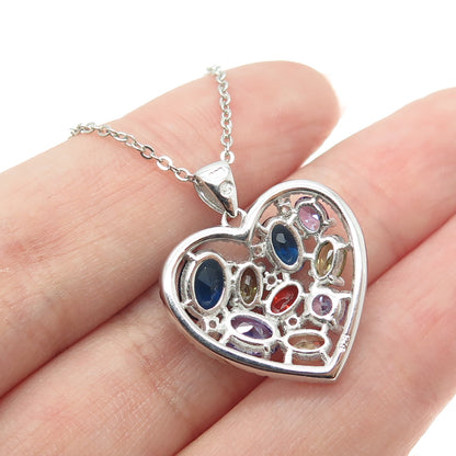 925 Sterling Silver Multi-Color C Z Cluster Heart Cable Chain Necklace 18-20"