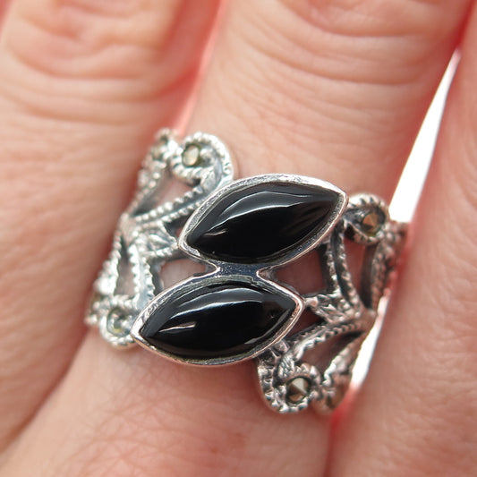 CHAPAL ZENRAY 925 Sterling Silver Vintage Real Black Onyx Marcasite Ring Size 7