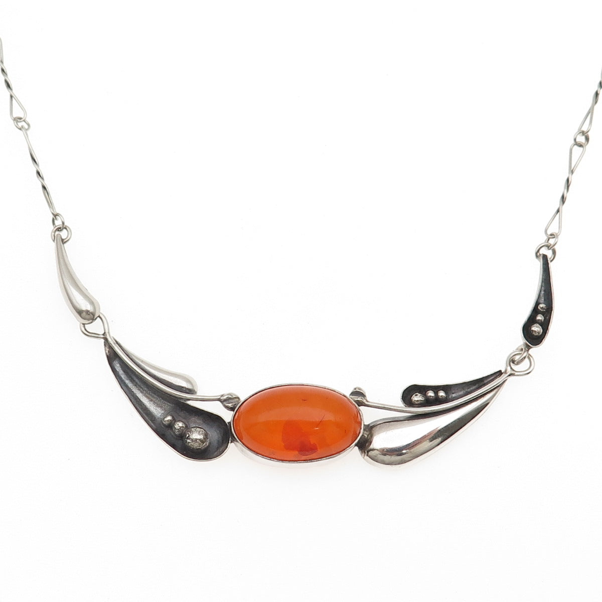 925 Sterling Vintage SD Poland Real Amber Modernist Floral Necklace 16-18"