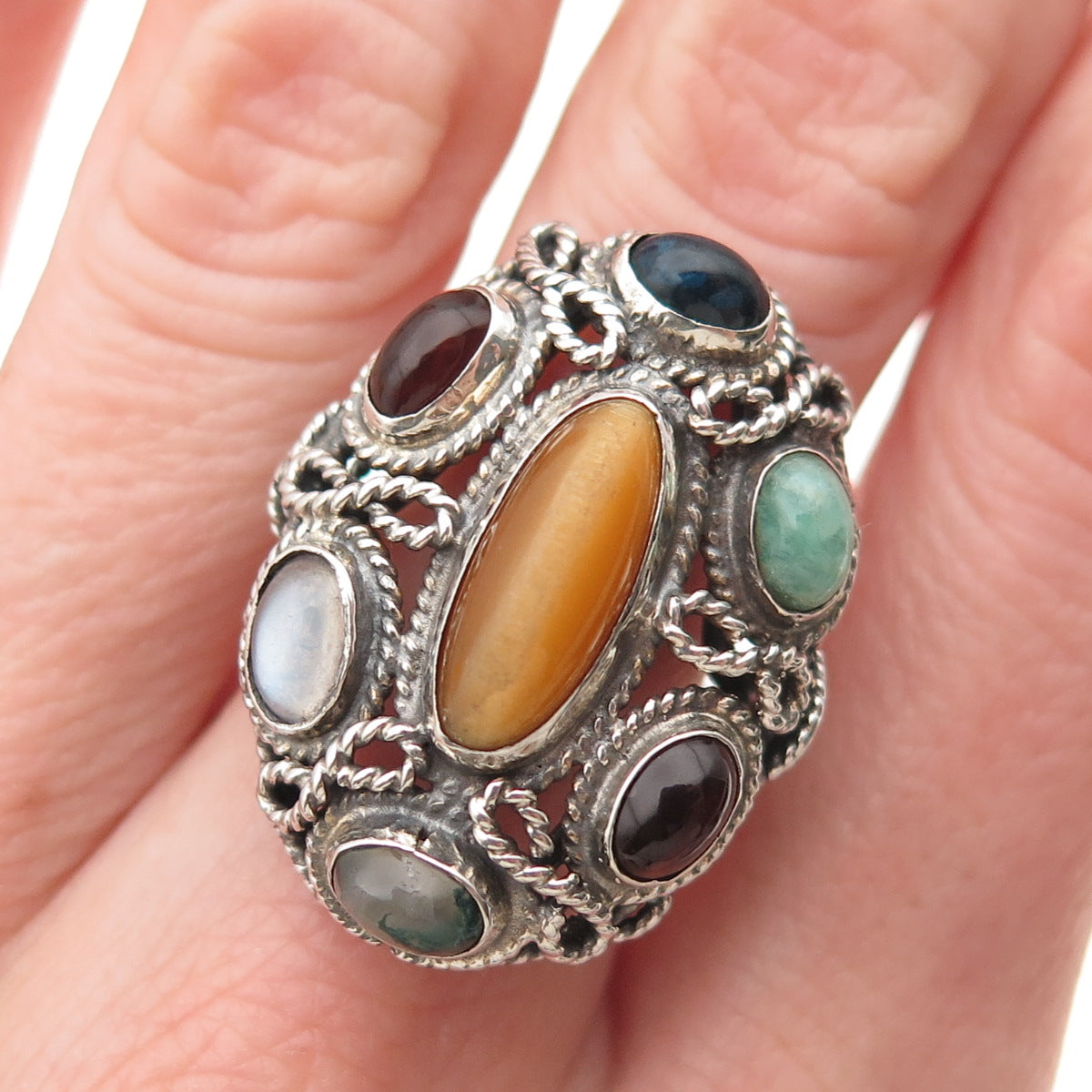 925 Sterling Vintage Tiger Eye Agate Garnet Moonstone & Amazonite Ring Size 9.25