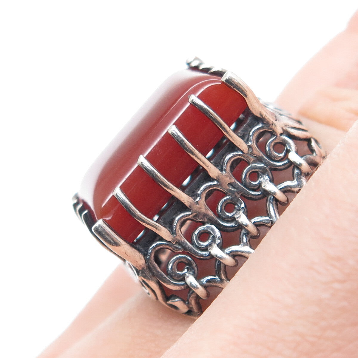 925 Sterling Silver Vintage Real Carnelian Modernist Oxidized Ring Size 6