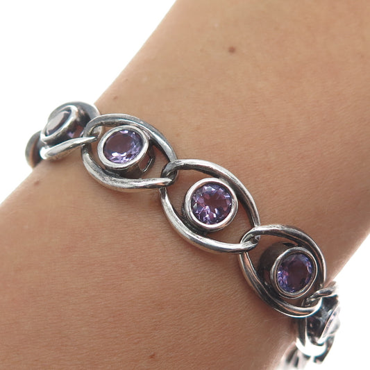 925 Sterling Silver Vintage Real Amethyst Gem Oval Link Oxidized Bracelet 7"