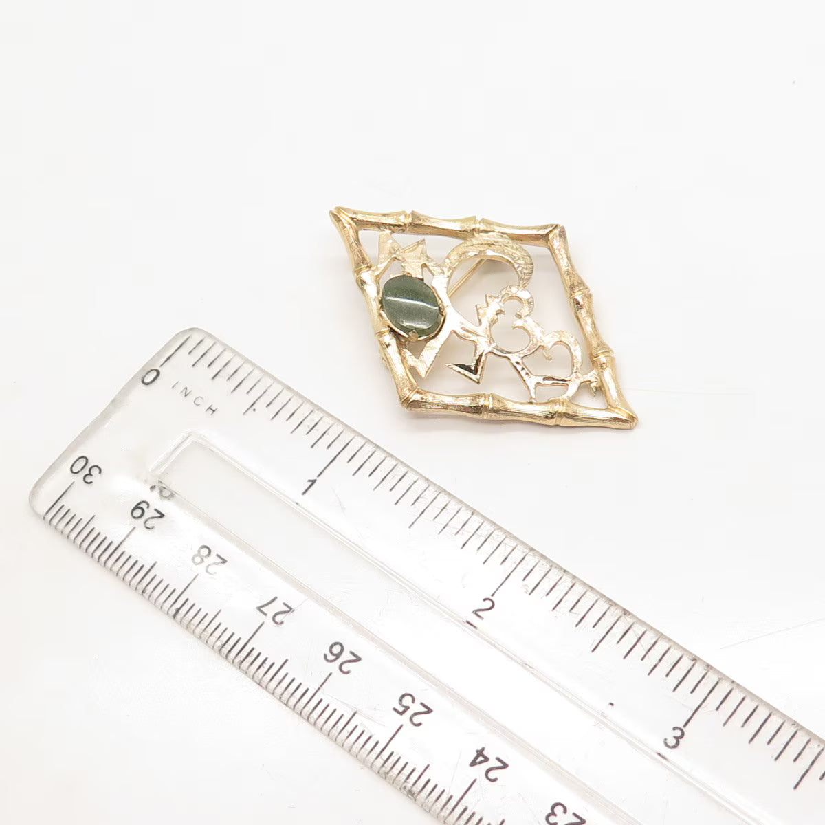 925 Sterling Silver Vintage Gold Plated Wells Real Jade Gem Ornate Pendant