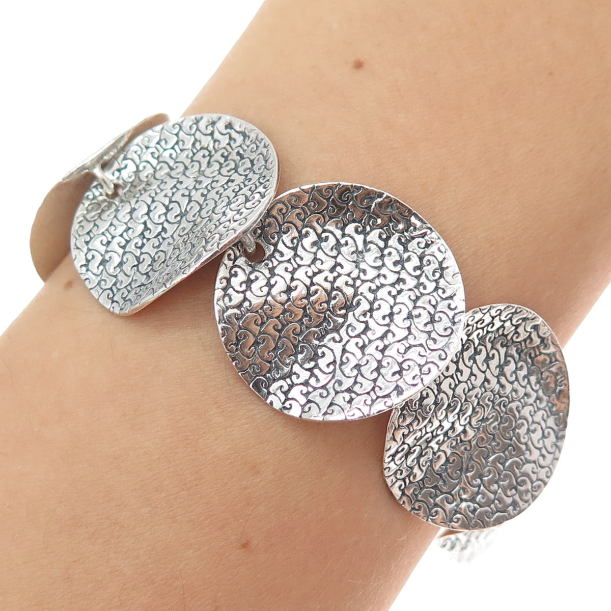 SAMUEL BENHAM 925 Sterling Silver Vintage Modernist Disc Link Bracelet 7.5-8.5"