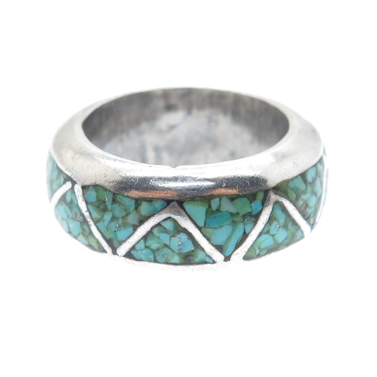 Old Pawn Sterling Silver Vintage Southwestern Turquoise Inlay Band Ring Size 5.5