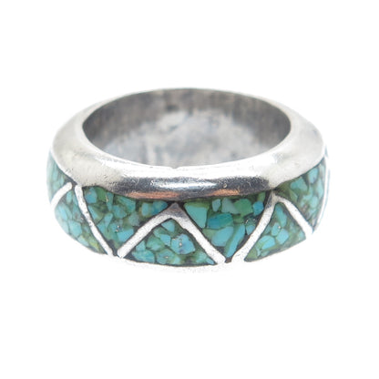 Old Pawn Sterling Silver Vintage Southwestern Turquoise Inlay Band Ring Size 5.5