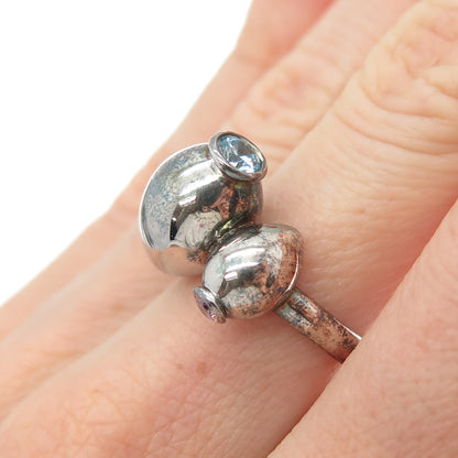 TSIKOLIA 925 Sterling Silver Blue & Purple C Z Vase Oxidized Ring Size 6.5