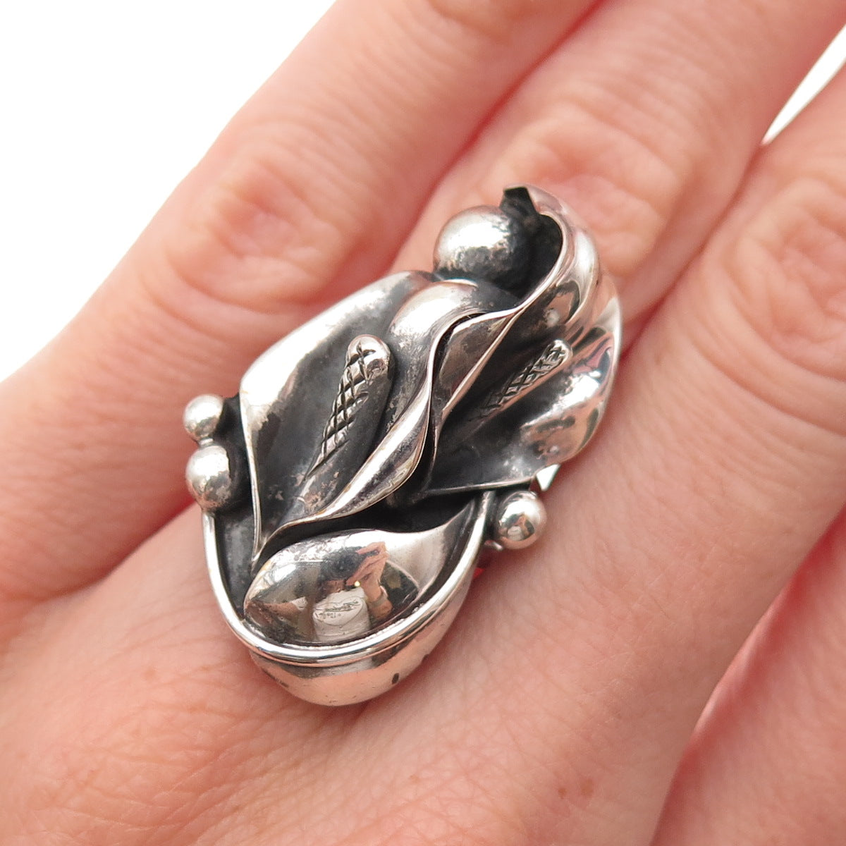 925 Sterling Silver Vintage Calla Lily Flower Oxidized Ring Size 5.5