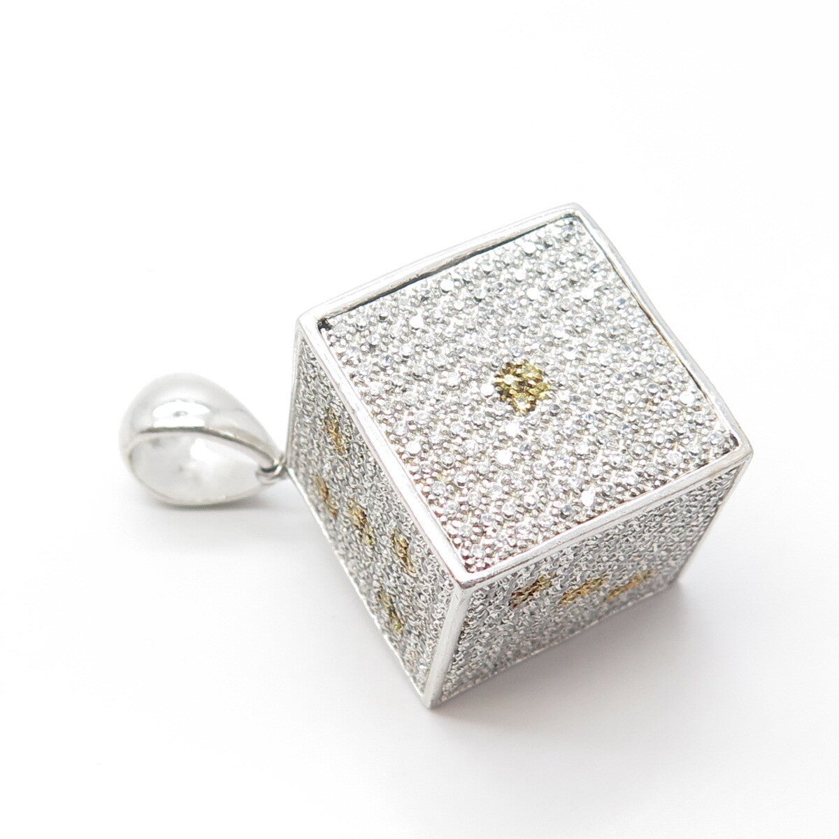 925 Sterling Silver 2-Tone Pave C Z Dice 3D Pendant