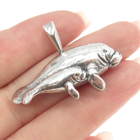 SUN WEST 925 Sterling Silver Vintage Mother & Baby Manatee Pendant