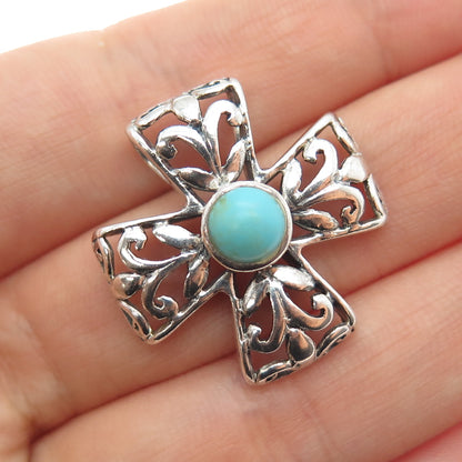 KEN CRAFTS 925 Sterling Silver Vintage Real Turquoise Ornate Cross Slide Pendant