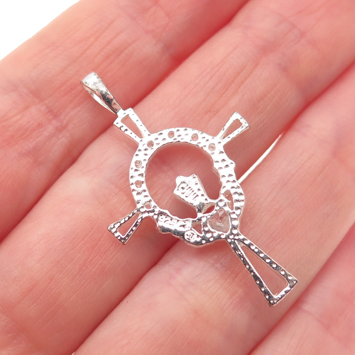 925 Sterling Silver Round & Heart-Cut C Z Irish Claddagh Cross Charm Pendant