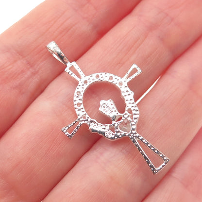 925 Sterling Silver Round & Heart-Cut C Z Irish Claddagh Cross Charm Pendant