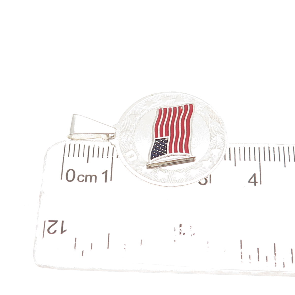 925 Sterling Silver Vintage Enamel USA Flag Round Tag Charm Pendant