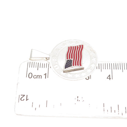 925 Sterling Silver Vintage Enamel USA Flag Round Tag Charm Pendant