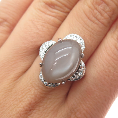 925 Sterling Silver Optic Fiber Cat's Eye & C Z Flower Ring Size 7.25