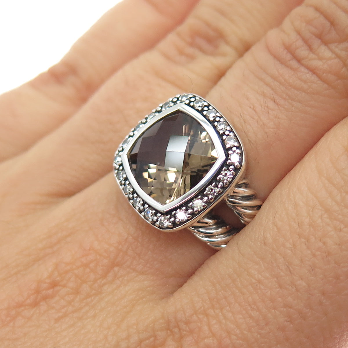 DAVID YURMAN Sterling Silver Vintage Real Diamond & Smoky Quartz Ring Size 6.25