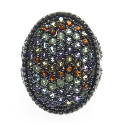 925 Sterling Silver Black Rhodium Enamel Real Multi-Color Sapphire Ring Size 7