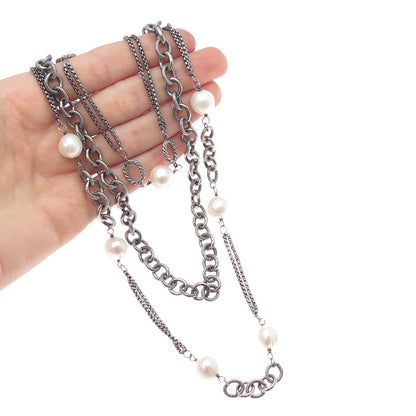 925 Sterling Vintage Pearl Heavy 124.5g Multi-Row Chain Oxidized Necklace 16-24"