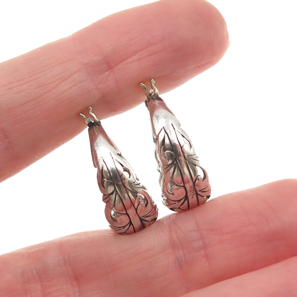 925 Sterling Silver Vintage Modernist Ornate Oxidized Hoop Earrings