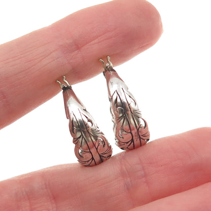 925 Sterling Silver Vintage Modernist Ornate Oxidized Hoop Earrings