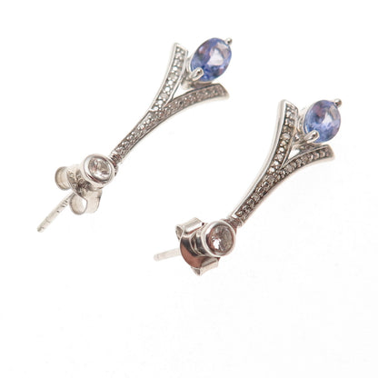 925 Sterling Silver Real Diamond Tanzanite & White Topaz Dangle Earrings