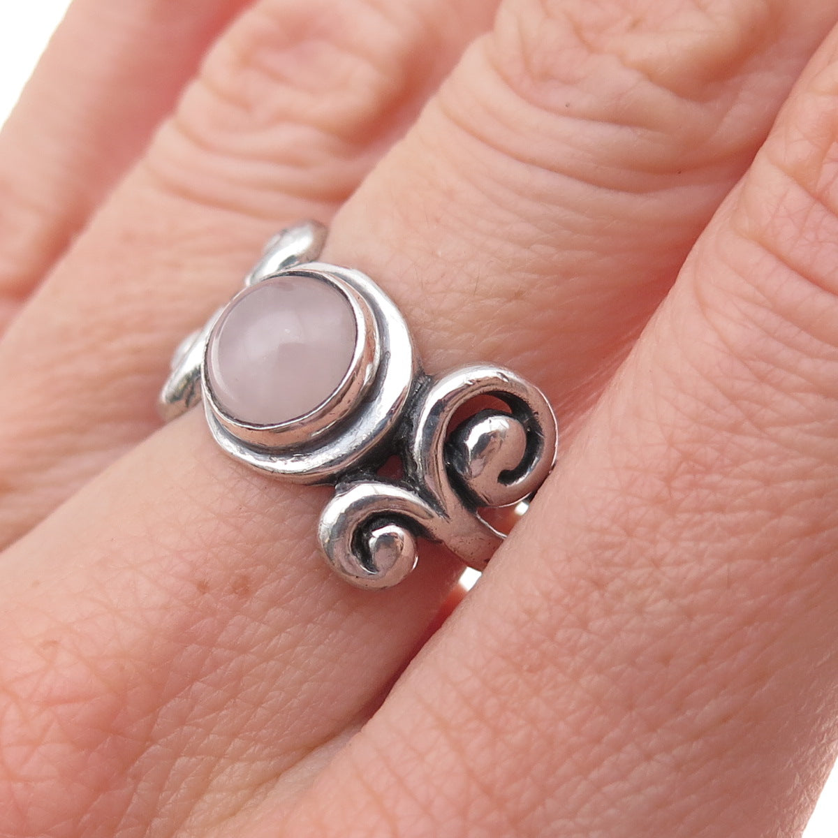 Indigo 925 Sterling Silver Vintage Real Rose Quartz Spiral Ring Size 6.75