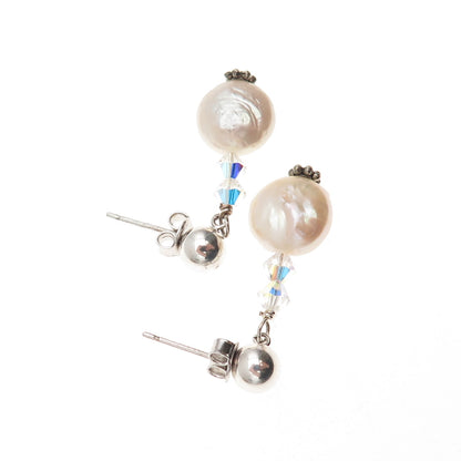 925 Sterling Silver Real Pearl & Crystal Dangle Earrings