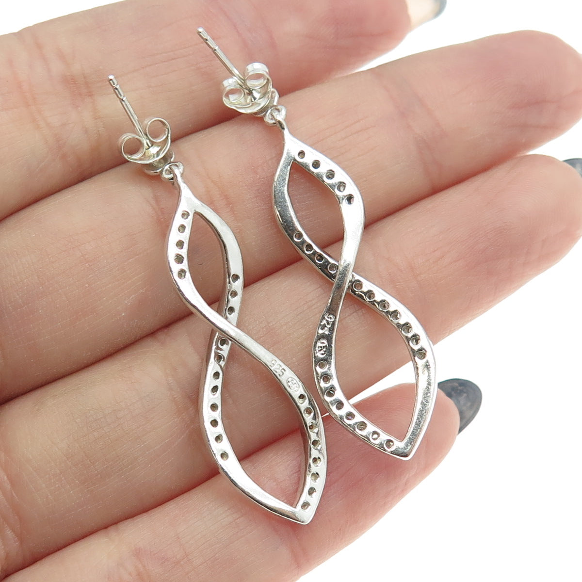 HN HENG NGAI 925 Sterling Silver Real Round-Cut Diamond Infinity Drop Earrings