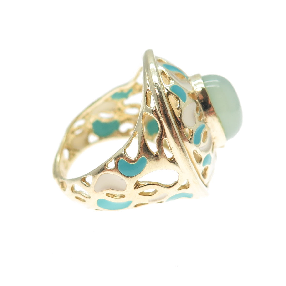 925 Sterling Silver Gold Plated Italy Enamel Real Chalcedony Ring Size 5.25