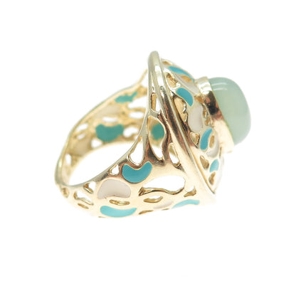 925 Sterling Silver Gold Plated Italy Enamel Real Chalcedony Ring Size 5.25