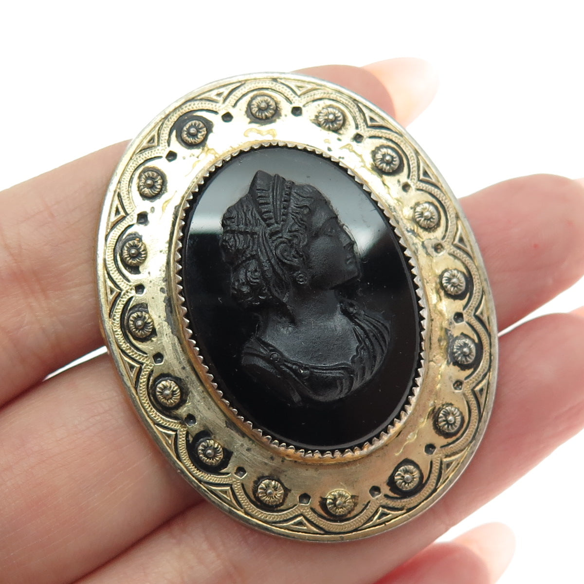 CORO 925 Sterling Silver Gold Plated Antique Art Deco Black Onyx Cameo Brooch