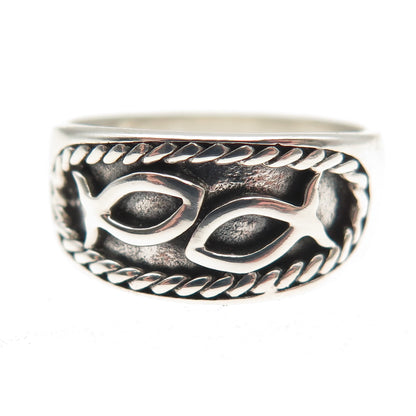 925 Sterling Silver Vintage Pisces Zodiac Sign Oxidized Ring Size 7