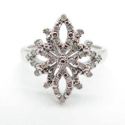 925 Sterling Silver Real Round-Cut Diamond Flower Ring Size 8