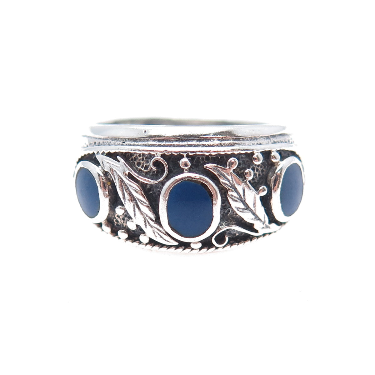 925 Sterling Silver Vintage Real Lapis Lazuli Feather Oxidized Ring Size 9