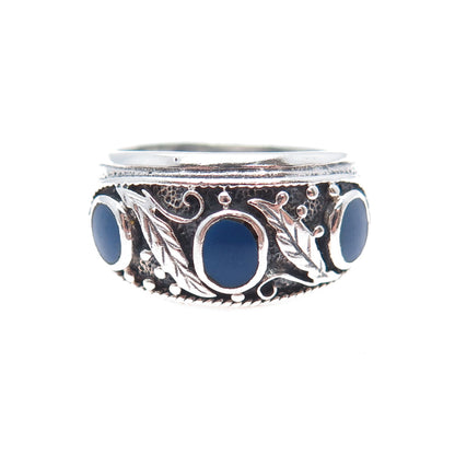 925 Sterling Silver Vintage Real Lapis Lazuli Feather Oxidized Ring Size 9