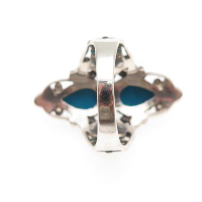 925 Sterling Silver Vintage Real Turquoise & Iolite Oxidized Ring Size 8