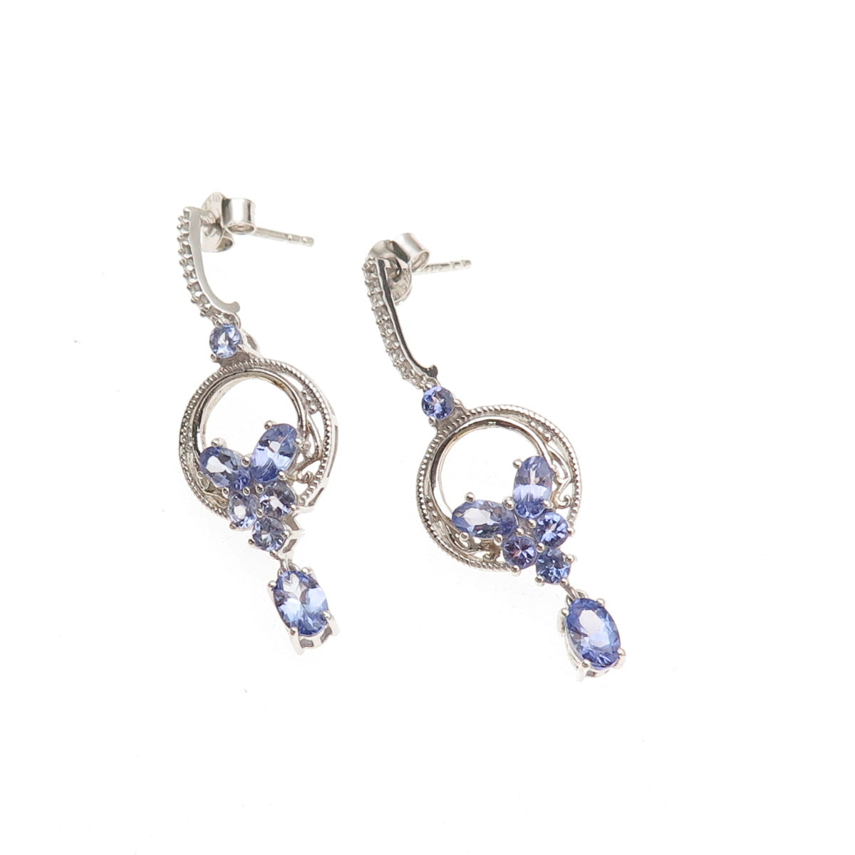 Chuck Clemency 925 Sterling Silver Real Tanzanite & White Topaz Dangle Earrings