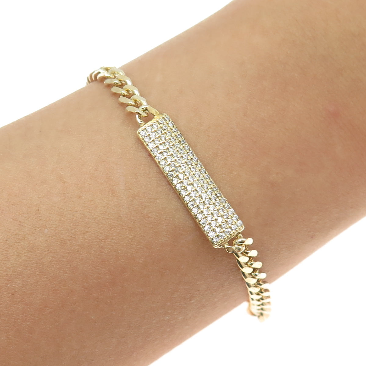925 Sterling Silver Gold Plated Round-Cut C Z Curb Link ID Bracelet 6.75"