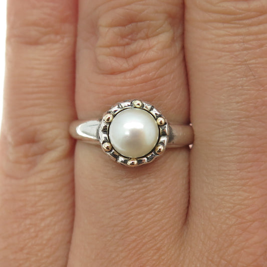 ATR 925 Sterling Silver & 14K Yellow Gold Real Pearl Floral Ring Size 6