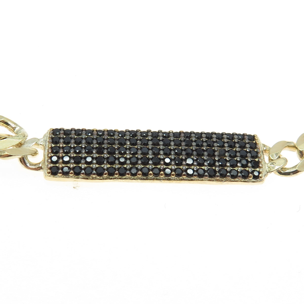 925 Sterling Silver Gold Plated Round-Cut Black Spinel Curb Link ID Bracelet 7"