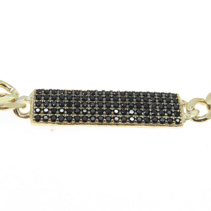 925 Sterling Silver Gold Plated Round-Cut Black Spinel Curb Link ID Bracelet 7"