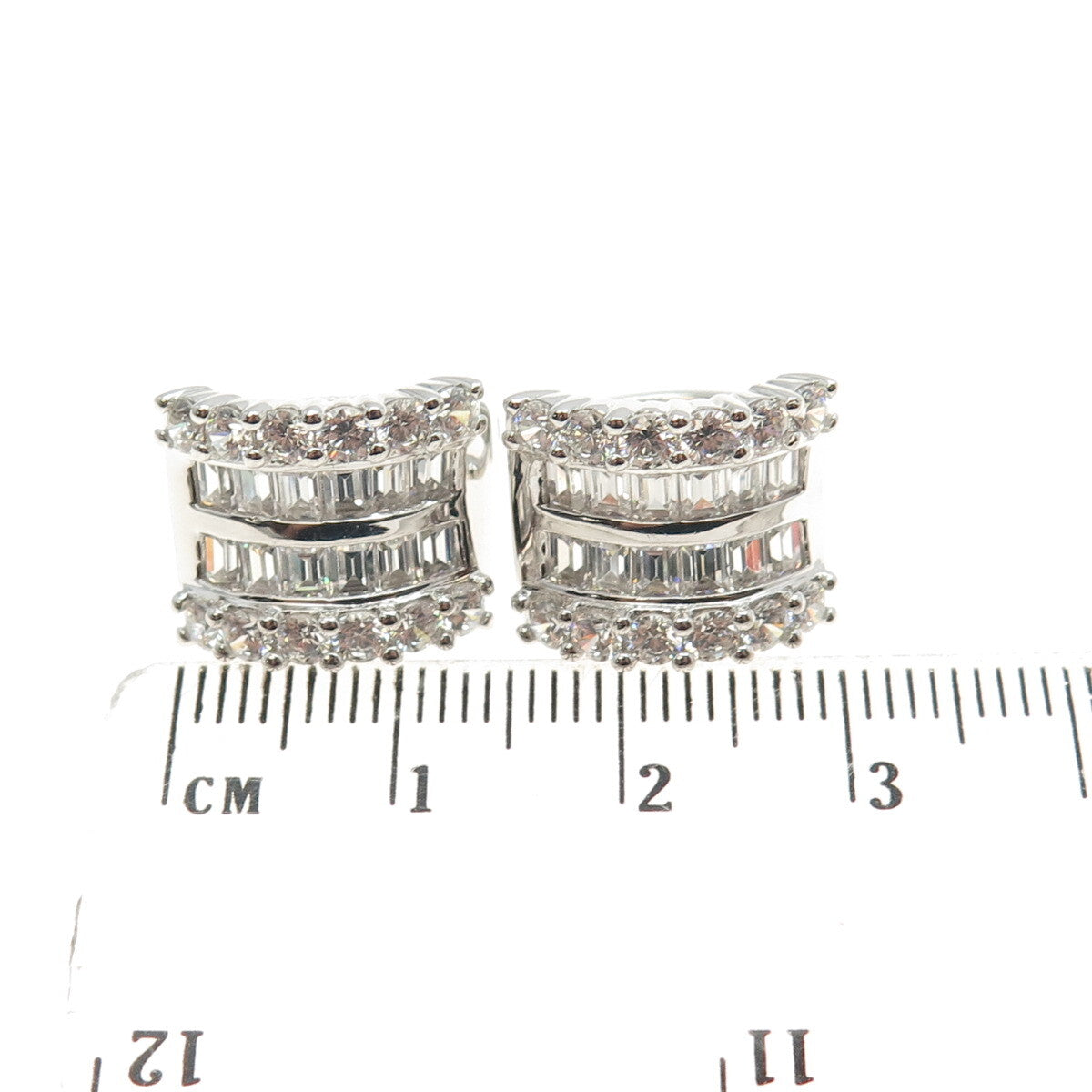 925 Sterling Silver Round & Emerald-Cut White C Z Hoop Earrings
