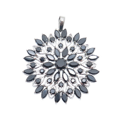 925 Sterling Silver Round & Marquise-Cut Black C Z Flower Cluster Charm Pendant